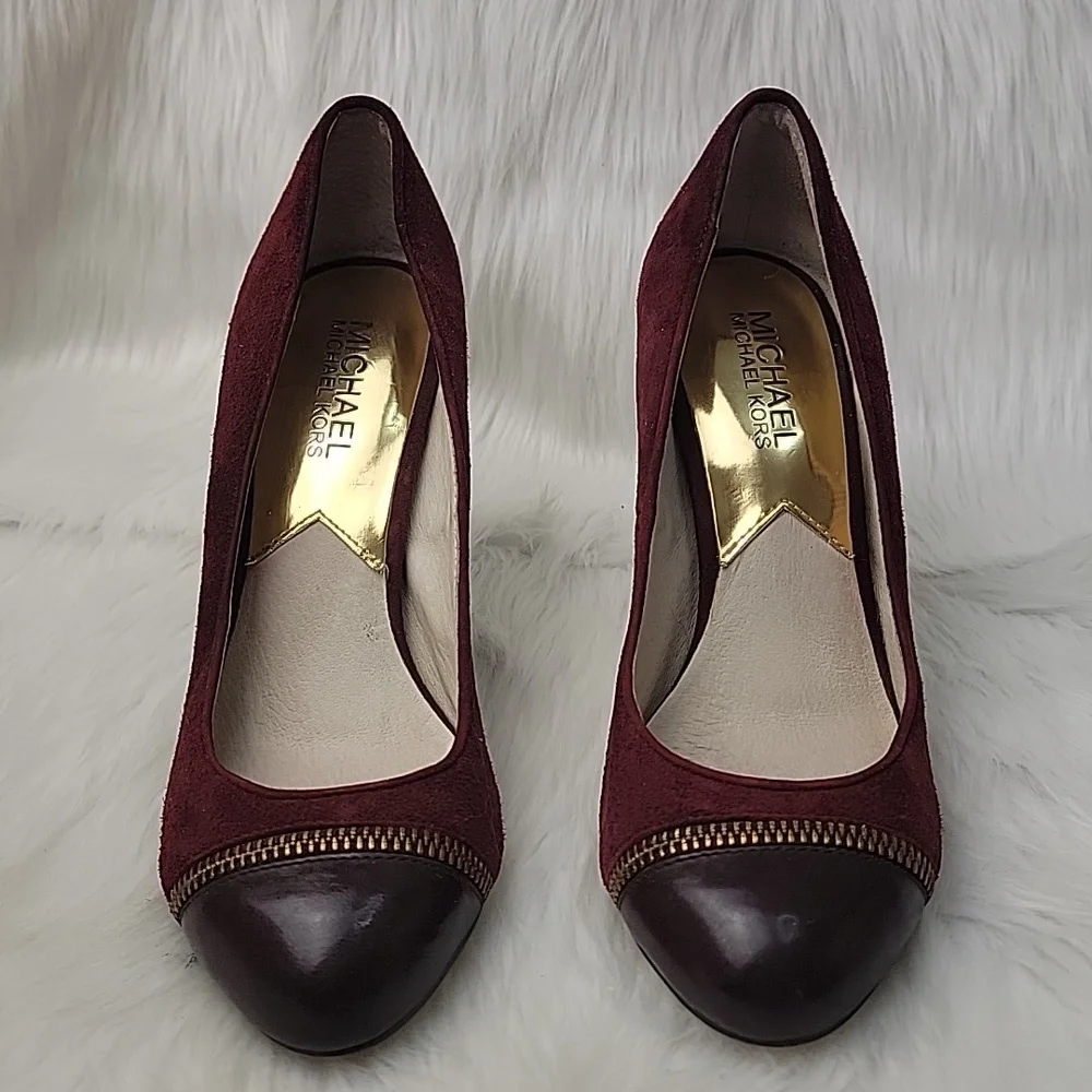 MICHAEL KORS Cynthia Bordeaux Zipper Brown‎ Leather Cap Toe Suede Office Heels 6